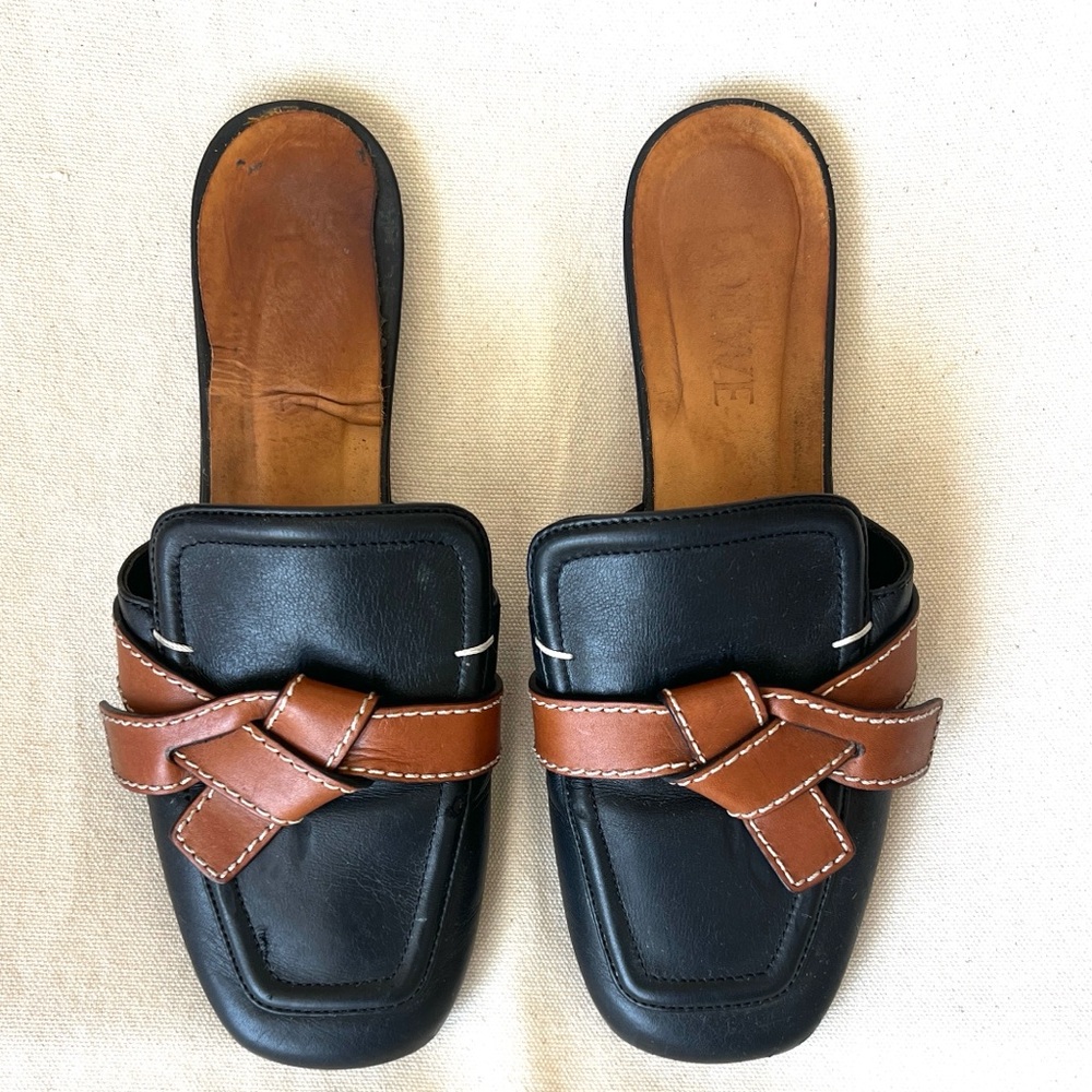 Loewe Black Leather Slide Mules with Brown Braided Strap Detail